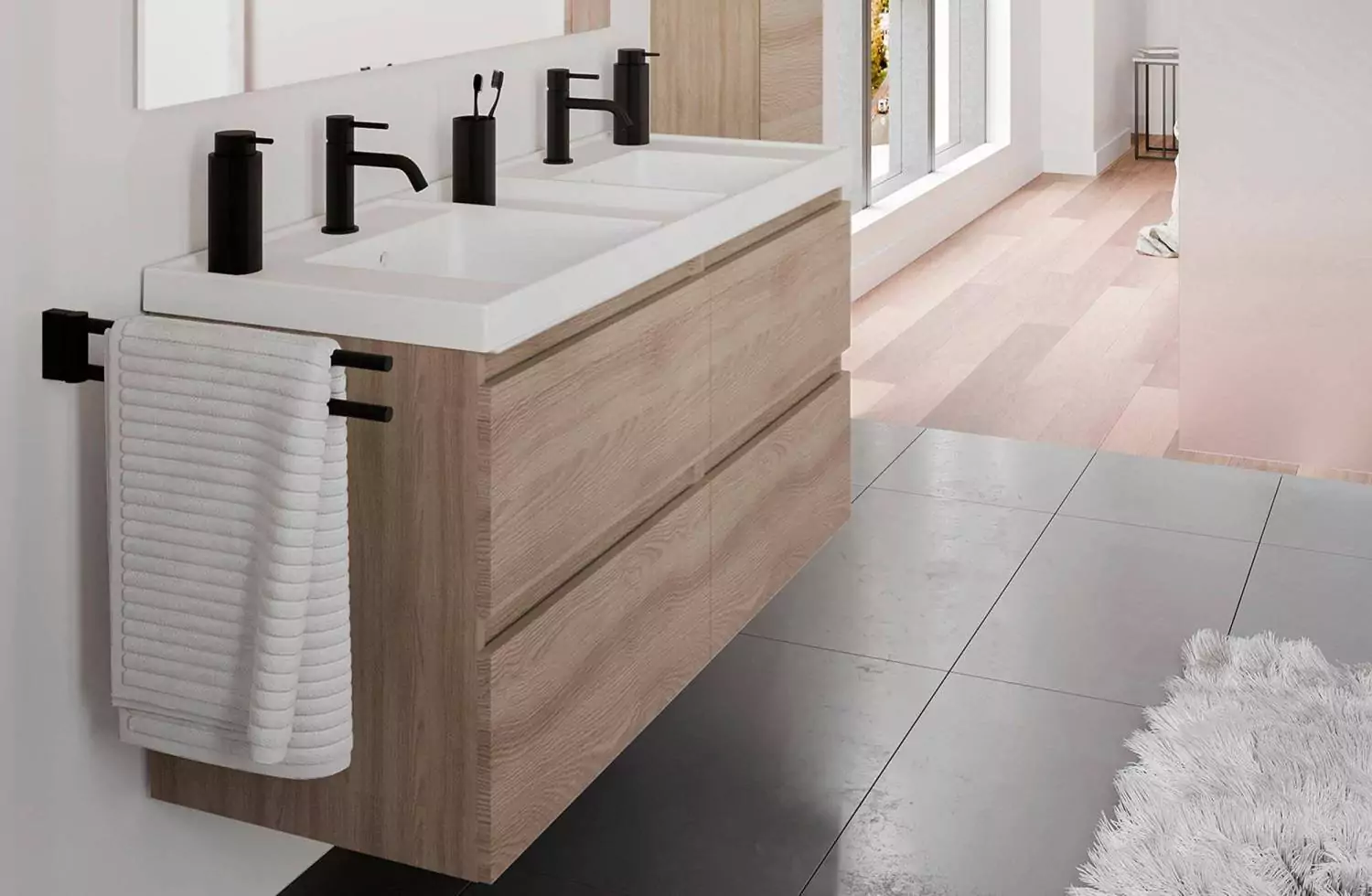 Mueble B-Best de 120 cm nogal natural con 4 cajones y lavabo doble Teckstone Bath+ en Minspira