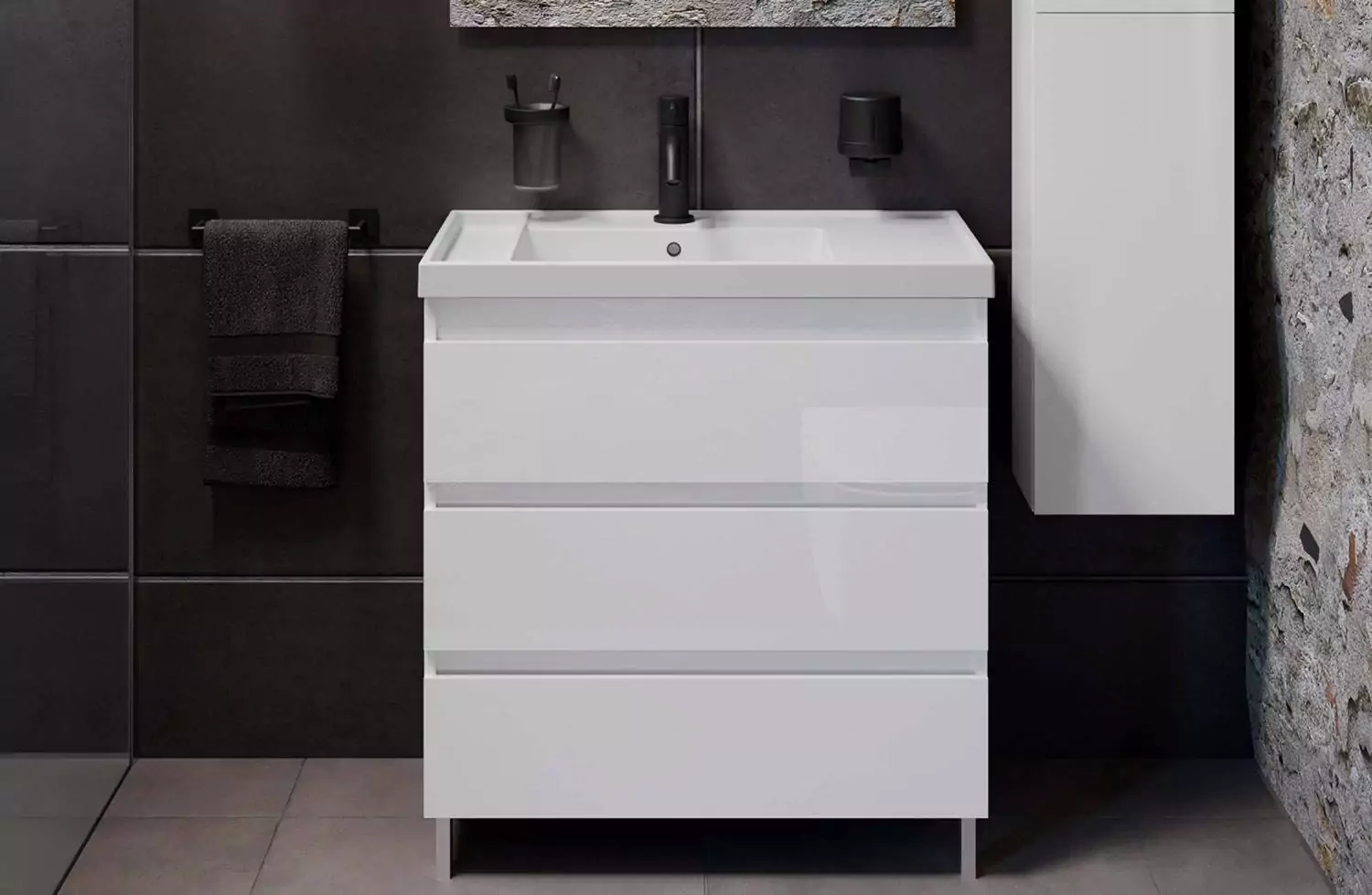 Mueble B-Best de 80 cm blanco brillo con 3 cajones y lavabo Teckstone Bath+ en Minspira