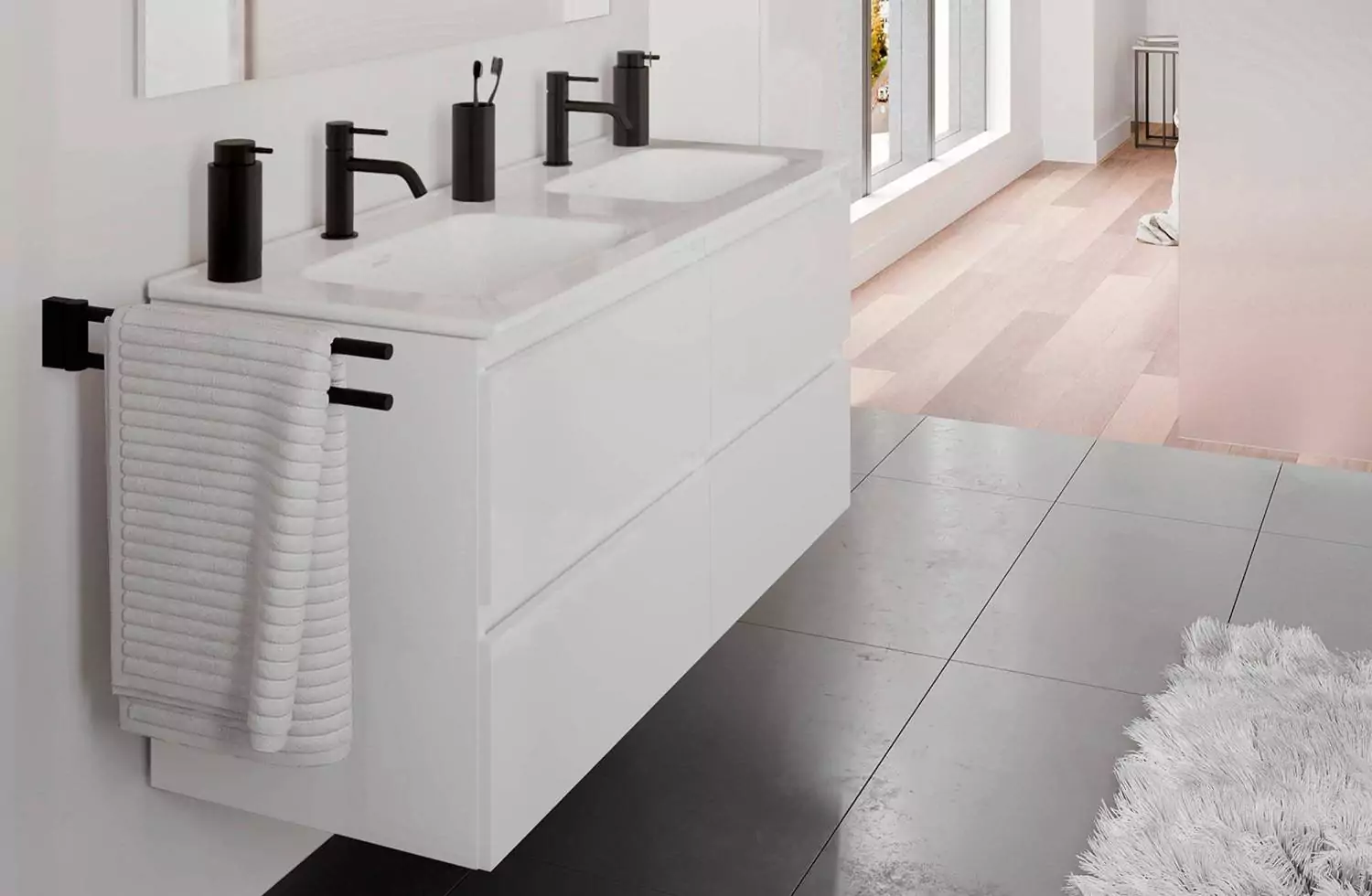 Mueble B-Best de 120 cm blanco brillo con 4 cajones y lavabo doble de porcelana Bath+