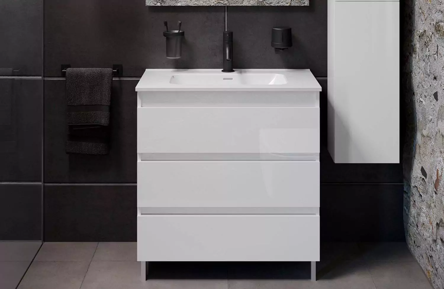 Mueble B-Best de 80 cm blanco brillo con 3 cajones y lavabo de porcelana Bath+
