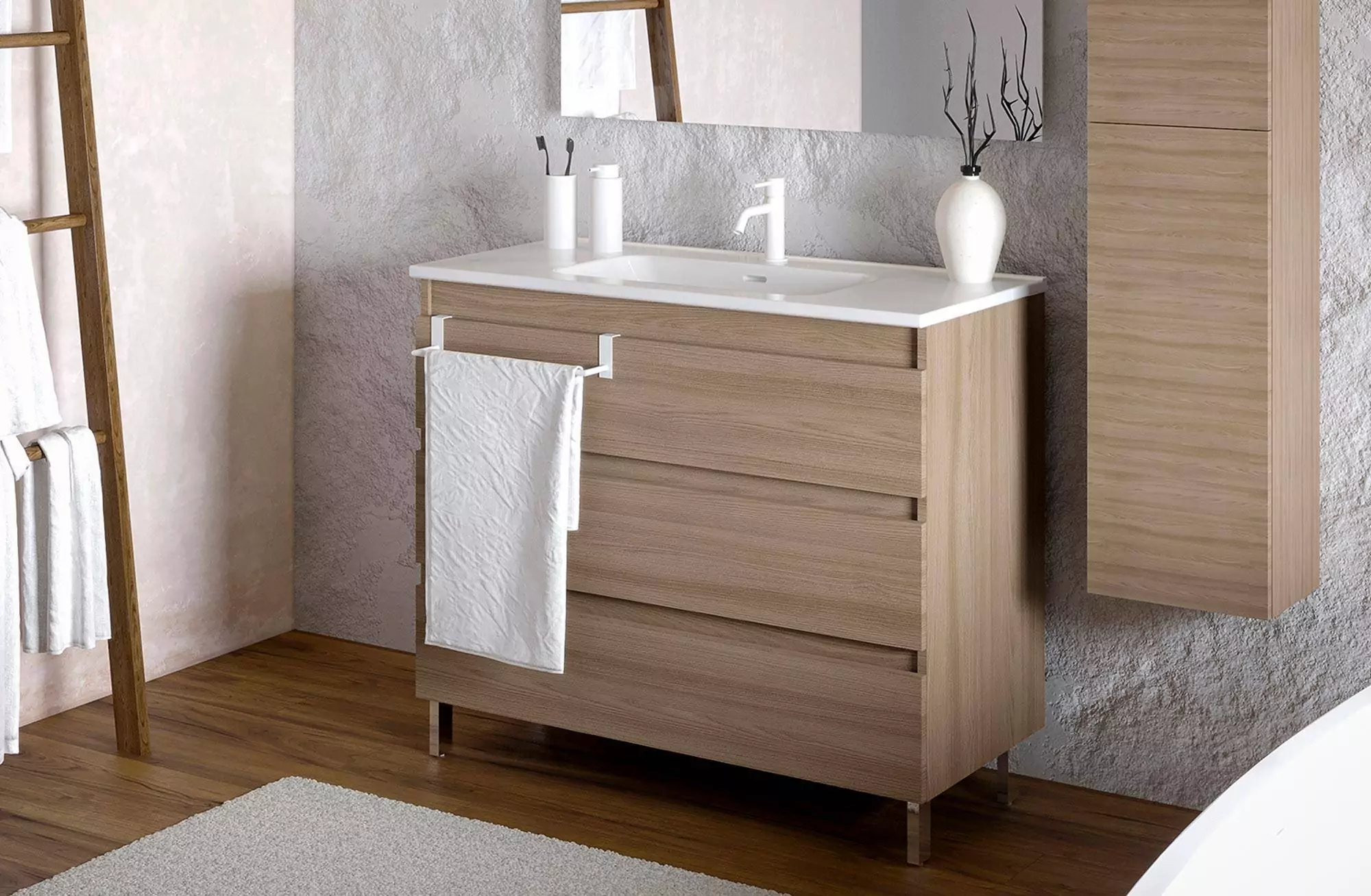 Mueble B-Best 60 cm con lavabo porcelana, 2 cajones nogal natural